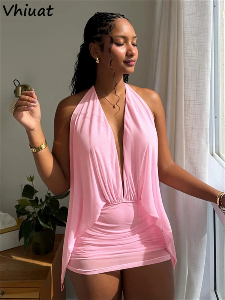 Vhiuat Women Casual Backless Bodycon Mini Dress Club Party Sleeveless Halter Pink Elegant Sexy Short Dress Vestidos Spring 2026