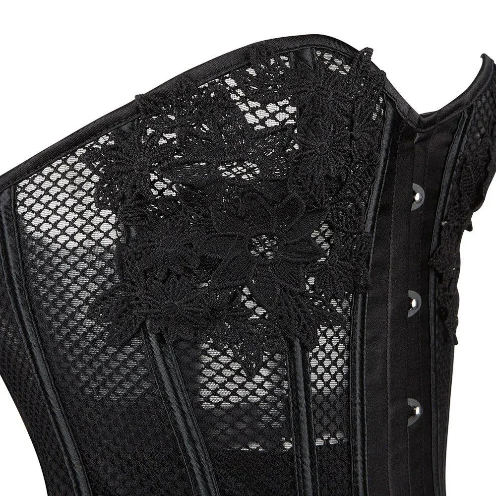 Women's Sexy Corsets and Bustiers Tops Plus Size Mesh Black Breathable Hollow Out Lingerie Corset Overbust Lace Up Corsets