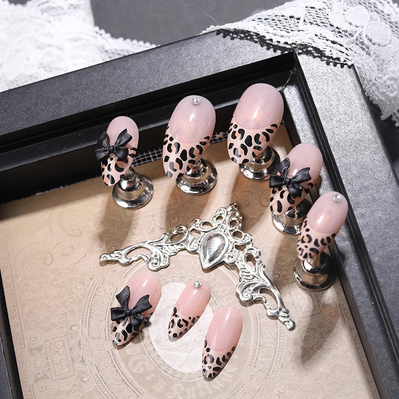 24pcs Wearable Brown Fake Nails Fashion Leopard Print 3D bowknot Design Press on Nails Tips French False Nail Set woman almond