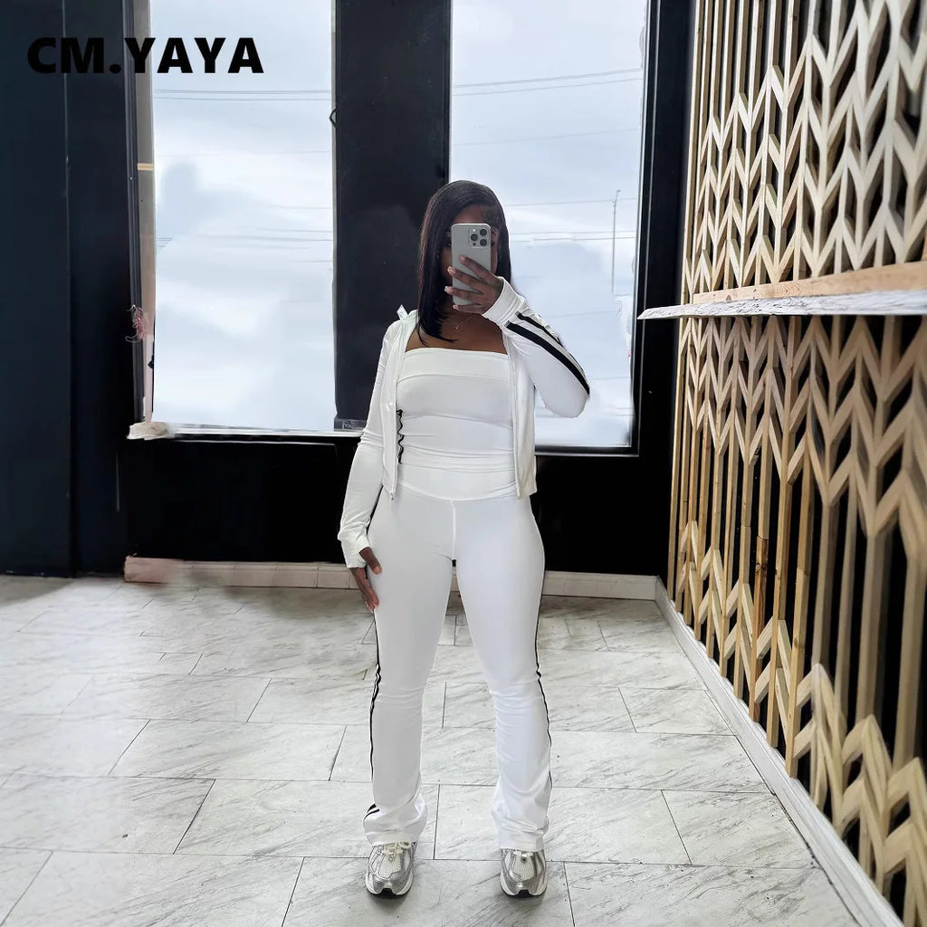 CM.YAYA Women's Set Long Sleeve Cargidan +strapless and Striped Pants Suit Three 3 Piece Set 2025 Street Active Outfit Tracksuit