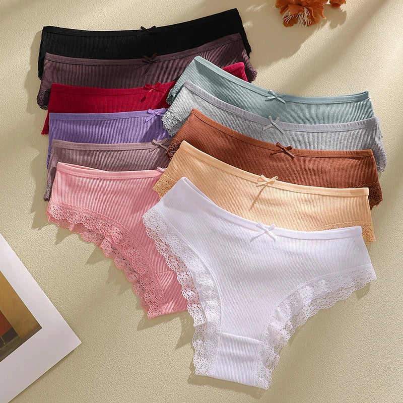 FINETOO 6Pcs/Set Women Cotton Panties Floral Lace Intimate Underwears M-XXL Trendy Patchwork Lace Briefs Female Soft Underpants