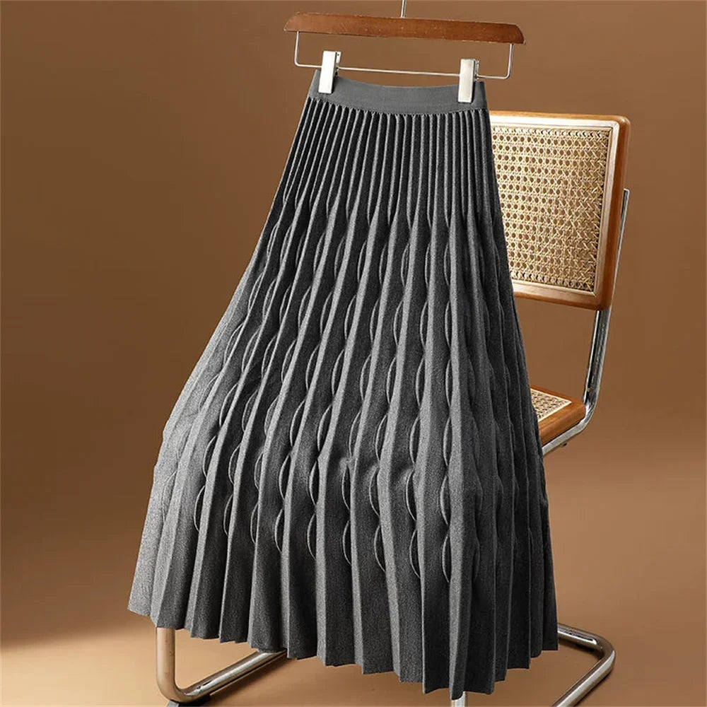 2024 korean fashion Autumn Winter New Women's Solid Colors High Waist Loose Elastic Pleated A-Line Black Skirt women clothing