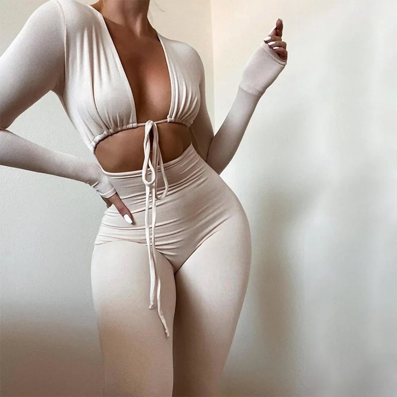 Summer Y2K Streetwear Women's Sexy Hollow Out Jumpsuits Bandage Tie Long Sleeve Bodycon Playsuits Women Clothes Gothic Rompers
