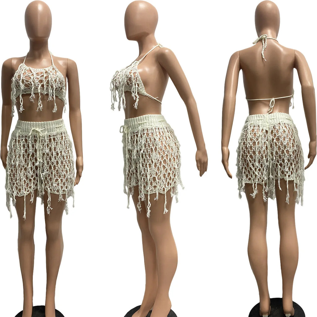 Womens Two Piece Sets Outfit 2024 Summer New Sexy Spaghetti Strap Crop Crochet Top & Fashion Tassel Design Shorts Set Casual