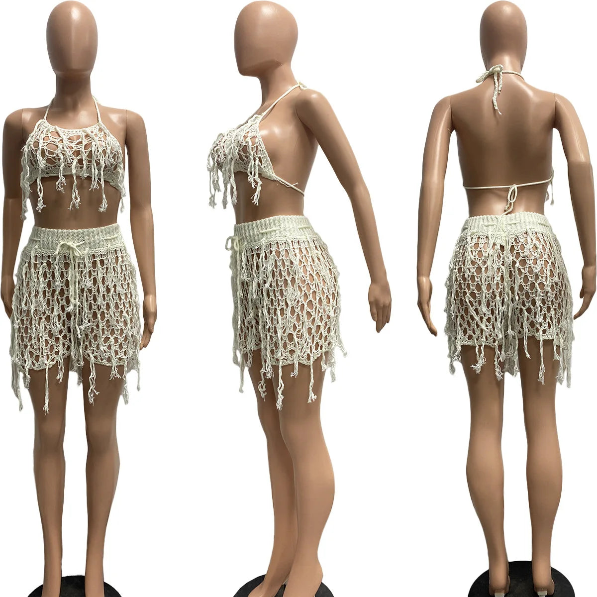 Womens Two Piece Sets Outfit 2024 Summer New Sexy Spaghetti Strap Crop Crochet Top & Fashion Tassel Design Shorts Set Casual