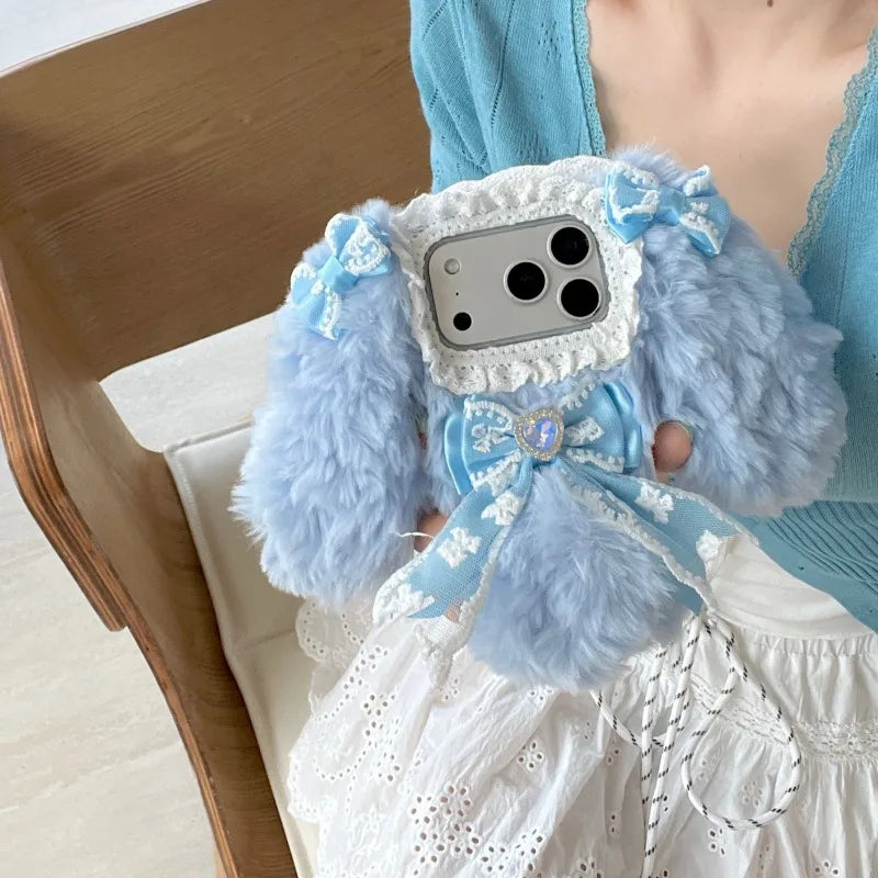 Plush Cute pink blue rabbit  Phone Case for IPhone17 16 15 14 13 Pro Max Soft Silicone Warm Fur Anti-drop luxury Back Cover