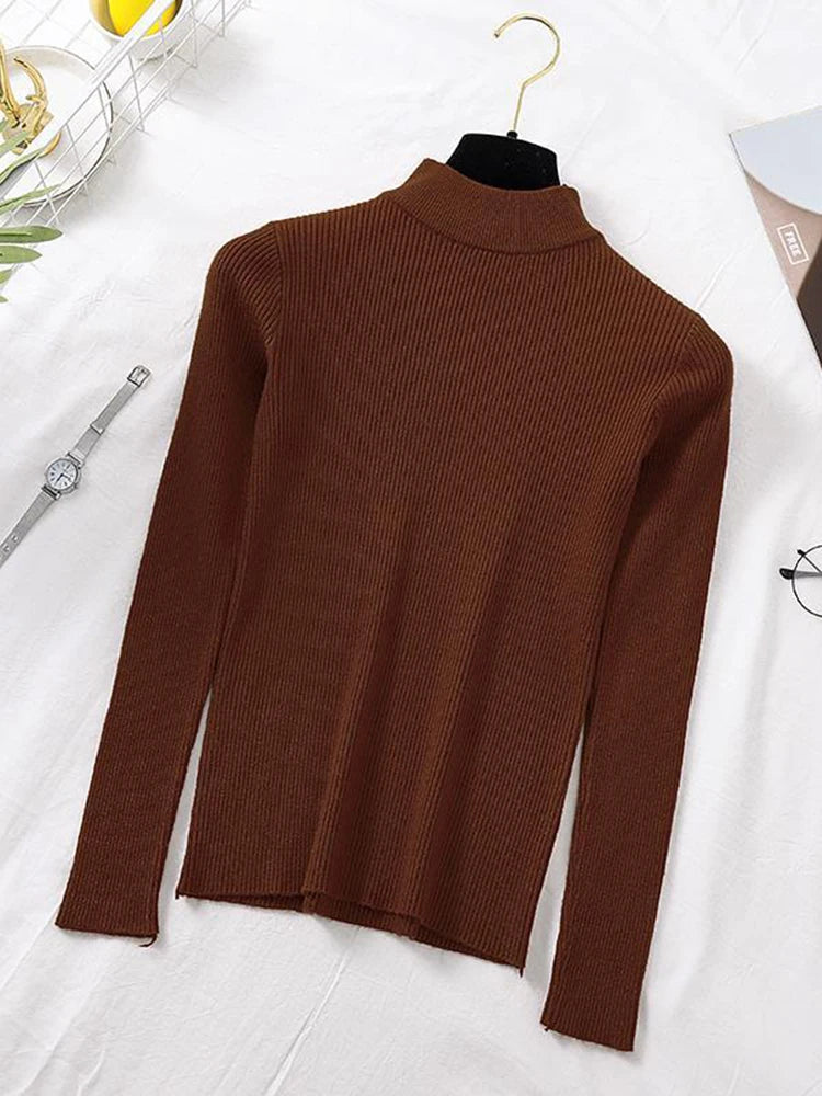 Autumn Winter Women Pullover Sweater Fashion Half Turtleneck Knitted Female Jumper Long Sleeve Winter Soft Elastic Tops