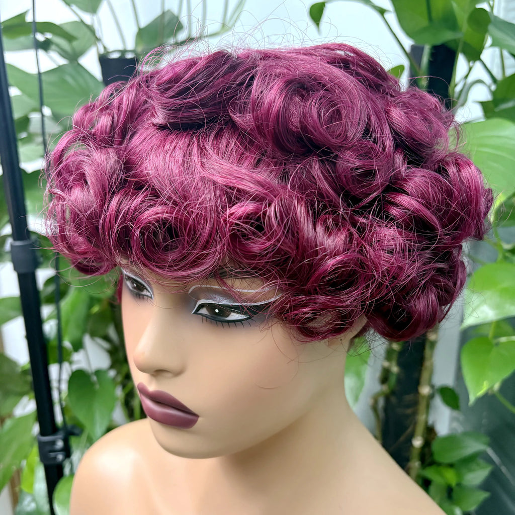 Full Machine Made Loose Wavy Bob Wig Human Hair Wigs 220% Short Colored Bouncy Curly Gluelesss Human Hair Wigs with Bangs