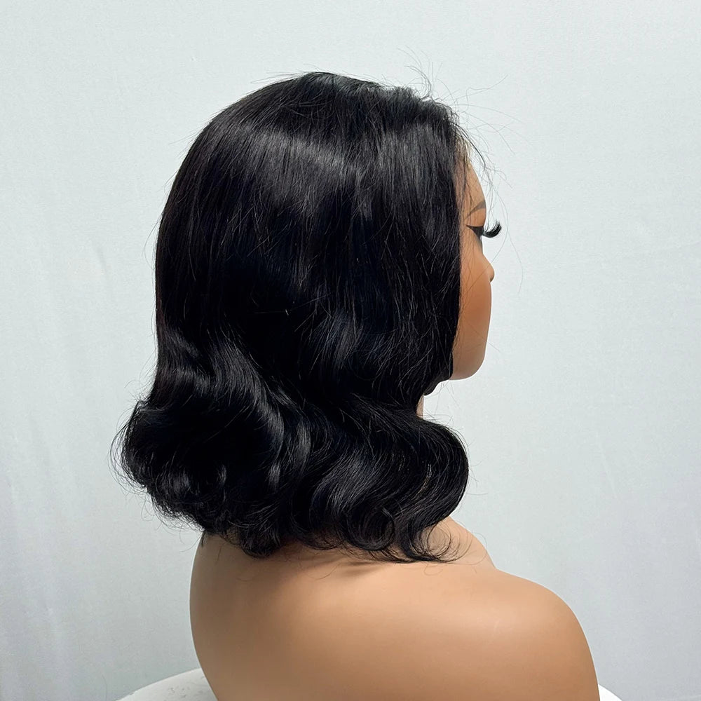 230% Density Body Wave Big Wavy Curly Human Hair Wig 12 Inches 12A Hair 4x4 Transparent Lace Front Human Hair Wig Full End