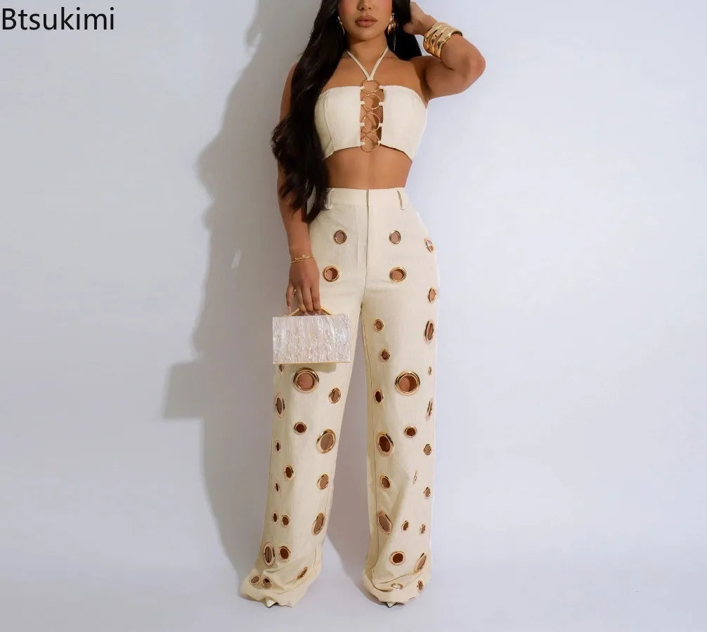 Metal Ring Hollow Out Two Piece Set Women Sexy Strapless Lace Up Halter Backless Crop Tops + Wide Leg Pants Casual Street Suits
