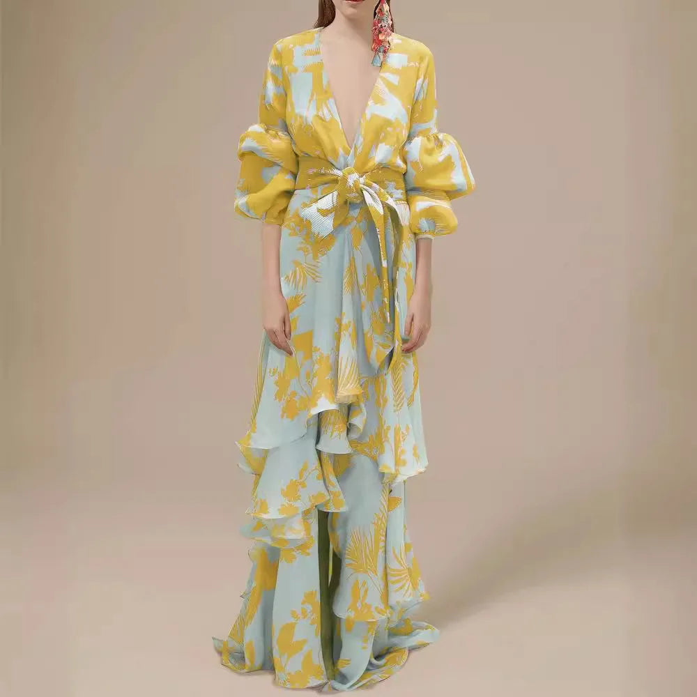Summer Chiffon Floral Print Dress for Women Casual Short Sleeve Holiday Long Dress Female V-Neck Beach Irregular Bohemian Dress