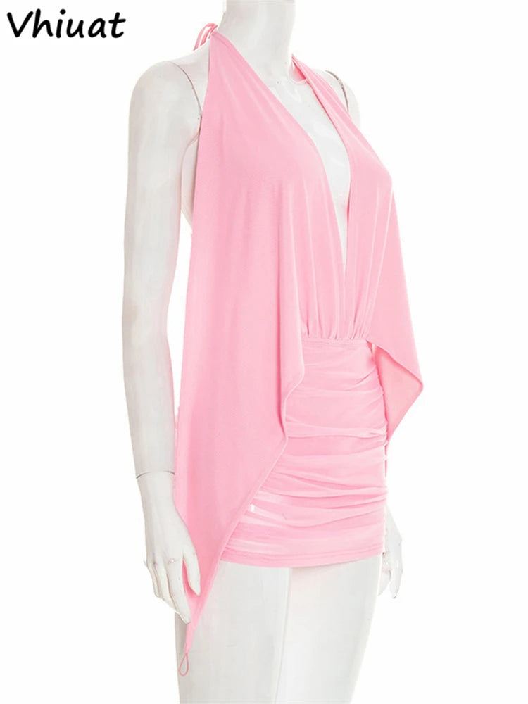 Vhiuat Women Casual Backless Bodycon Mini Dress Club Party Sleeveless Halter Pink Elegant Sexy Short Dress Vestidos Spring 2026