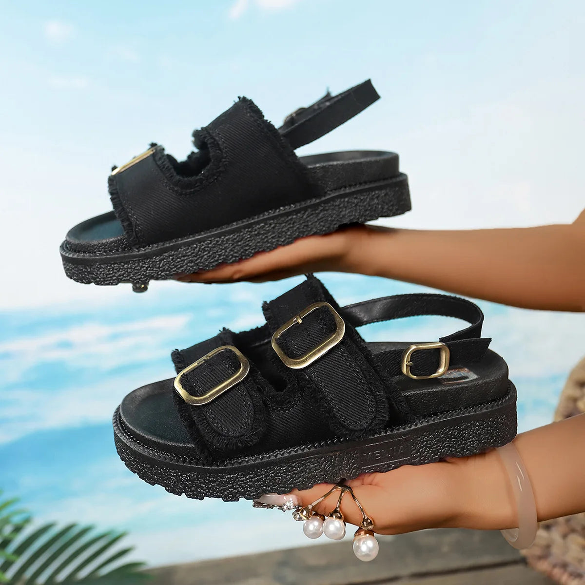 Women Sandals Classic Denim Canvas Sandals Fashion Metal Belt Buckle Design Sandals Summer Open-toe Beach Sandal Sandalias Mujer