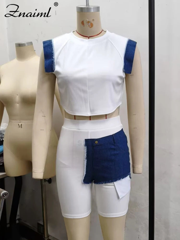 Znaiml O Neck T-Shirts Crop Top and Shorts 2 Piece Sets Denim Patchwork Outfits Women Fashion Streetwear Summer Sports Suits