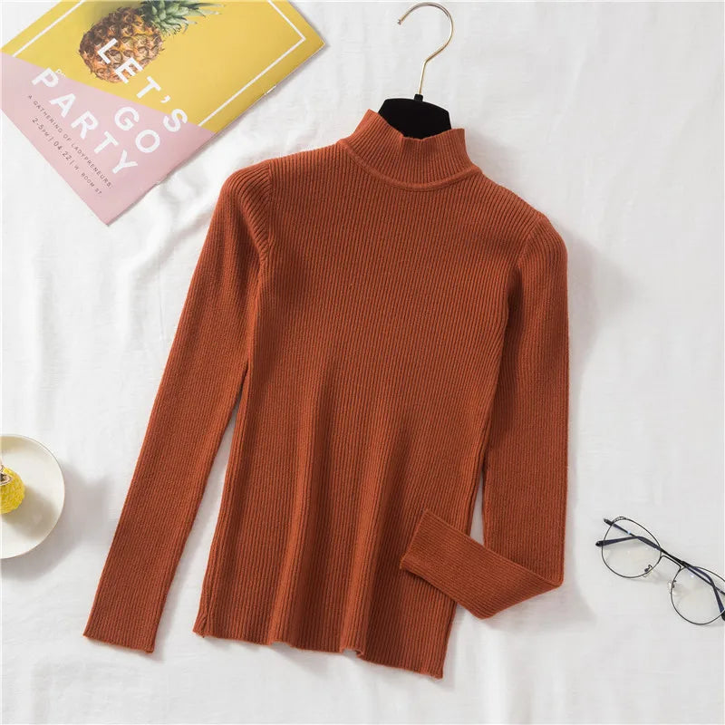 Autumn Winter Women Pullover Sweater Fashion Half Turtleneck Knitted Female Jumper Long Sleeve Winter Soft Elastic Tops