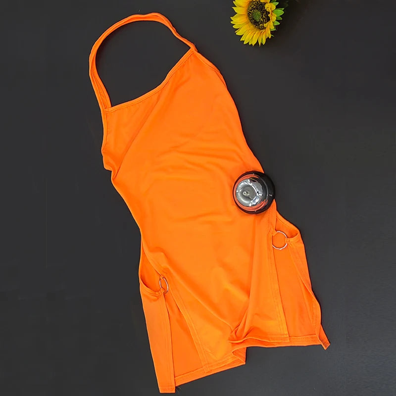 Women Sexy Dress Elegant Lady Sleeveless Ring Buckle Side High Slit Cutout Night Club Dresses Y2k Halter Mini Dress Streetwear
