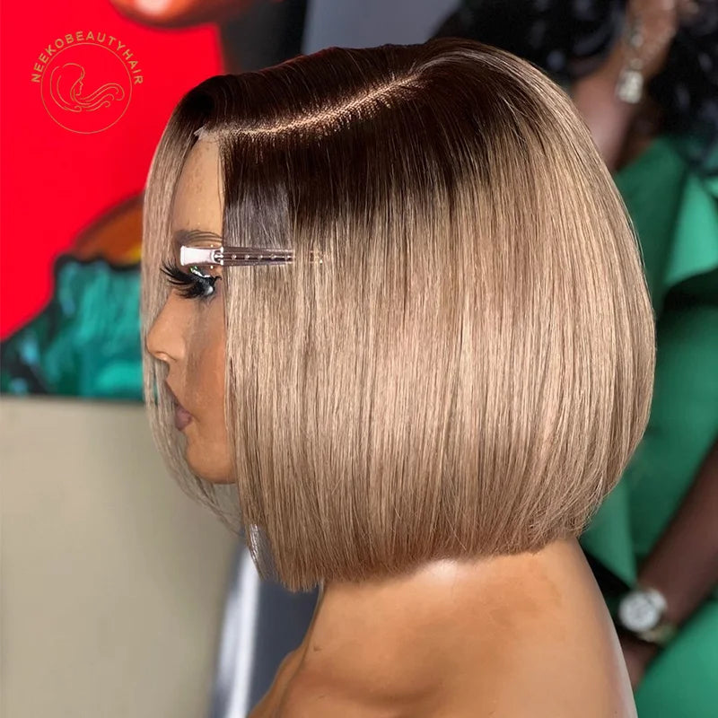 Ash Blonde Ombre Lace Front Wig Honey Blonde Transparent Lace Frontal Wig Ombre Blonde Colored Human Hair Bob Wis With Dark Root