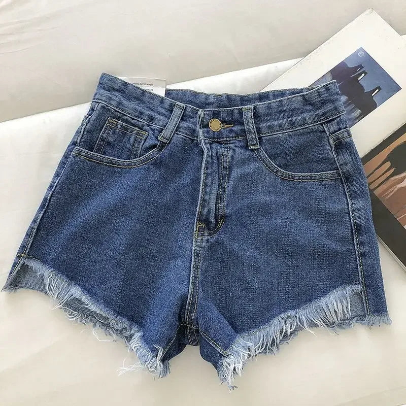 2026 New Summer Women High Wiast Raw Hem Denim Shorts Soild White Black Blue Korean Wide Leg Pants Mon Shorts  Jean Shorts