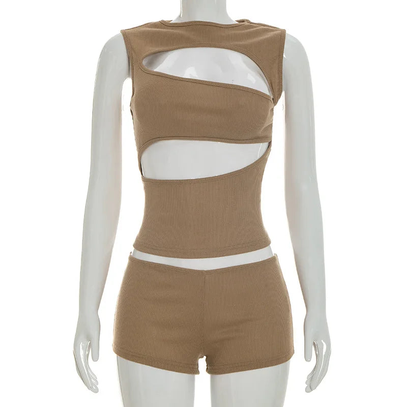 Sexy Hollow Out Clubbing Woman Outfit Sets 2 Piece Rave Festival Clothing Party Knit Top and Shorts Matching Set Conjunto Verano