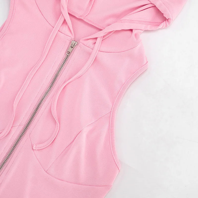 Women Solid Casual 2 Piece Set Tracksuits Zip-up Sleeveless Hooded Tanks Tops + Zippers Bodycon Mini Skirts Streetwear Suits