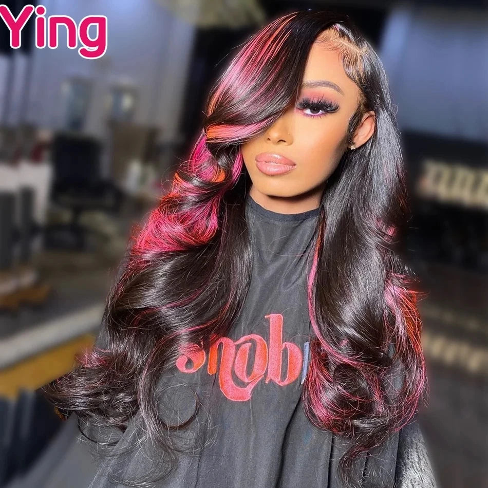 Pink Highlight 13x6 Lace Front Wig Pre Plucked Body Wave Colored Human Hair Wigs Transparent Peruvian Remy Hair For Black Women