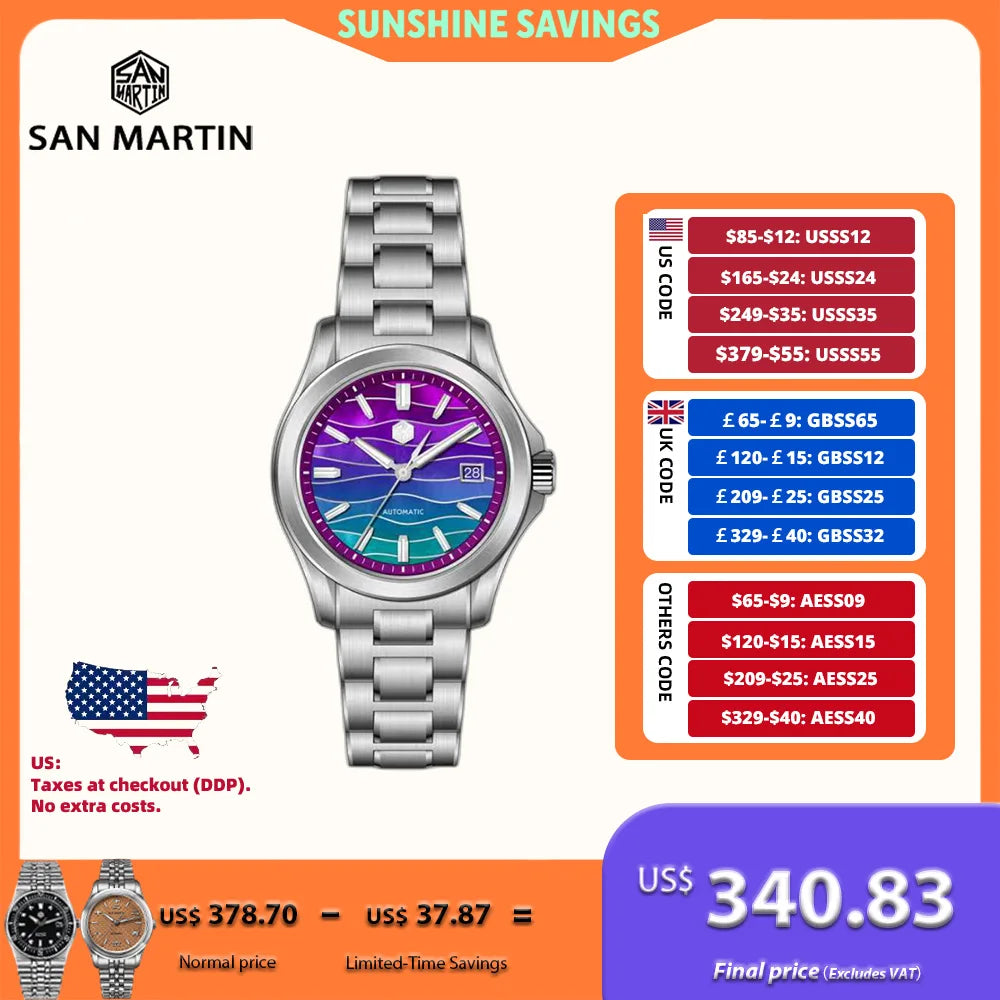 San Martin 39mm Miyota 9015 Splicing MOP Dial Men Automatic Watch 3H Date BGW-X1 Luminous Sapphire 10Bar Waterproof SN0150