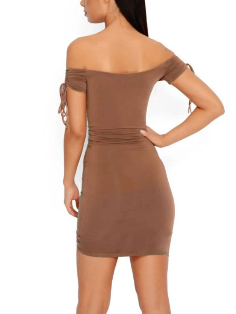Sexy V Neck Low-cut Drawstring Shirring Slim Bodycon Dress Women Off Shoulder Skinny Mini Dress Elegant Club Party Vestidos