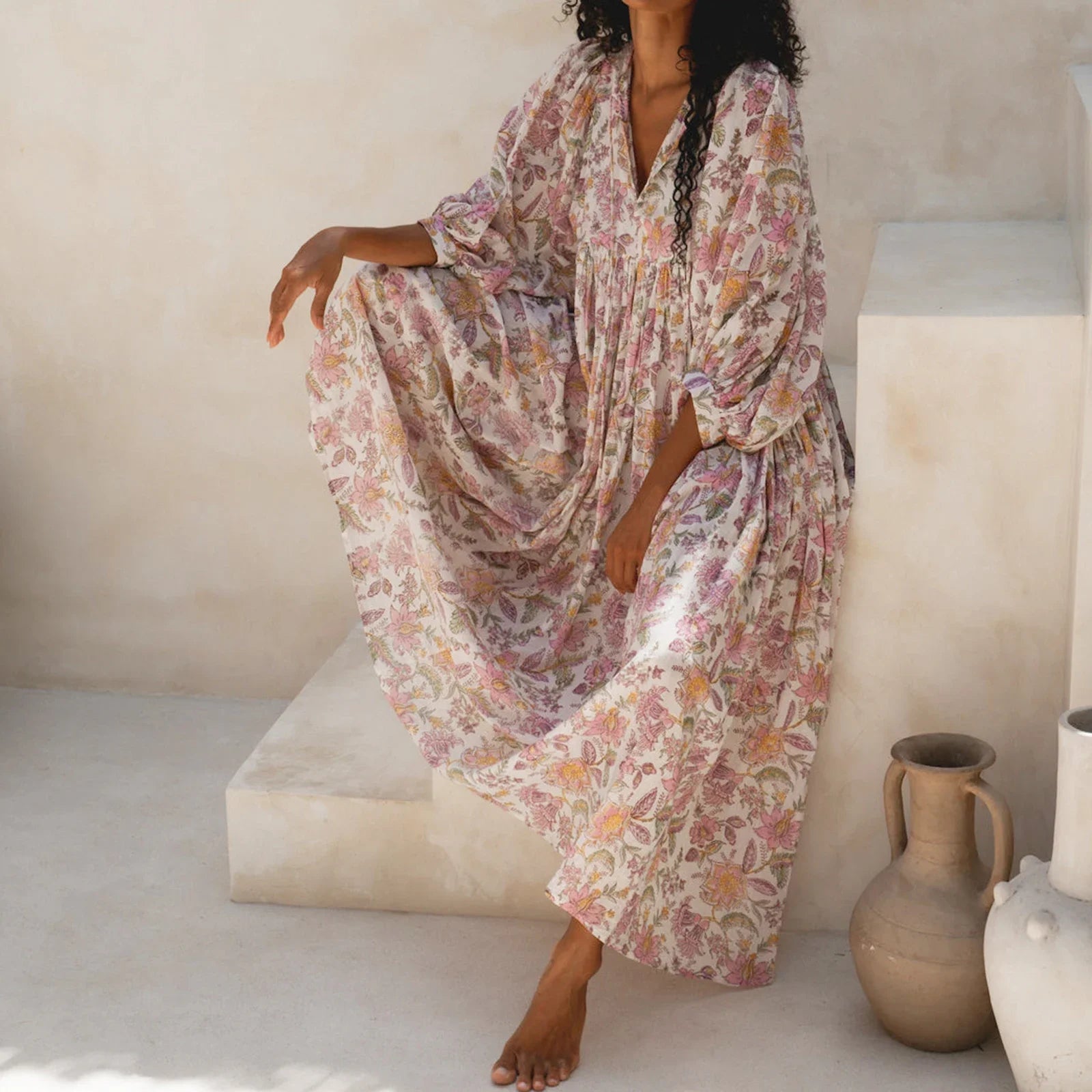 Women Floral Maxi Dress Y2k Boho Printed 3/4 Lantern Sleeve V Neck Dress Holiday Beach Loose Swing Sundress Party Clubwear
