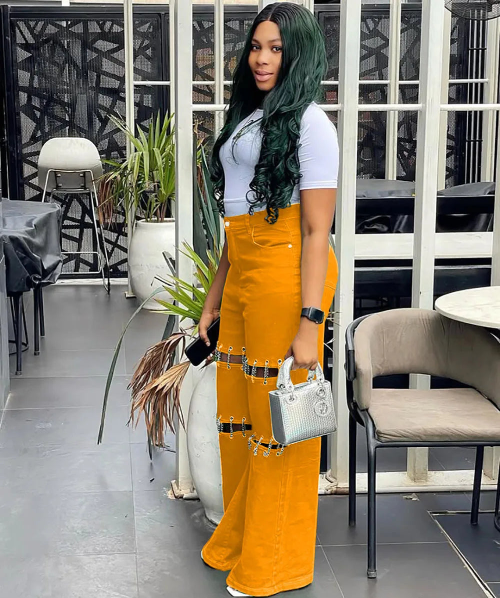 High Waist Green Ripped Chain Decoration Patchwork Wide Leg Denim Pants Women Fashion Casual Personality Trendy Long Trousers