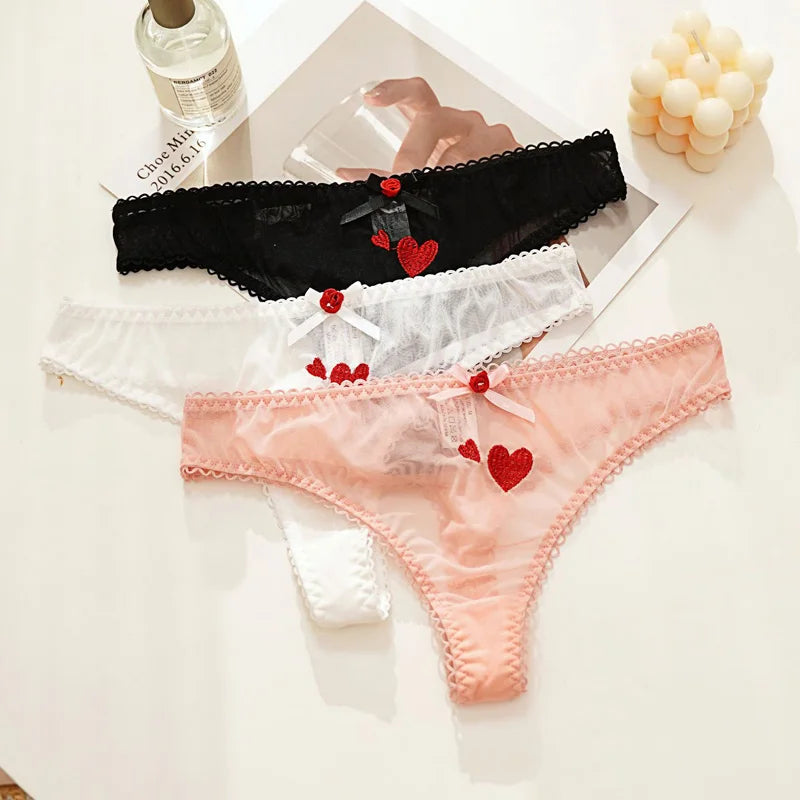 Meet'r Women Sexy Lace Lingerie Temptation Low-waist Panties Heart Ins Embroidery Transparent Thong Seamless Sweet Underwear
