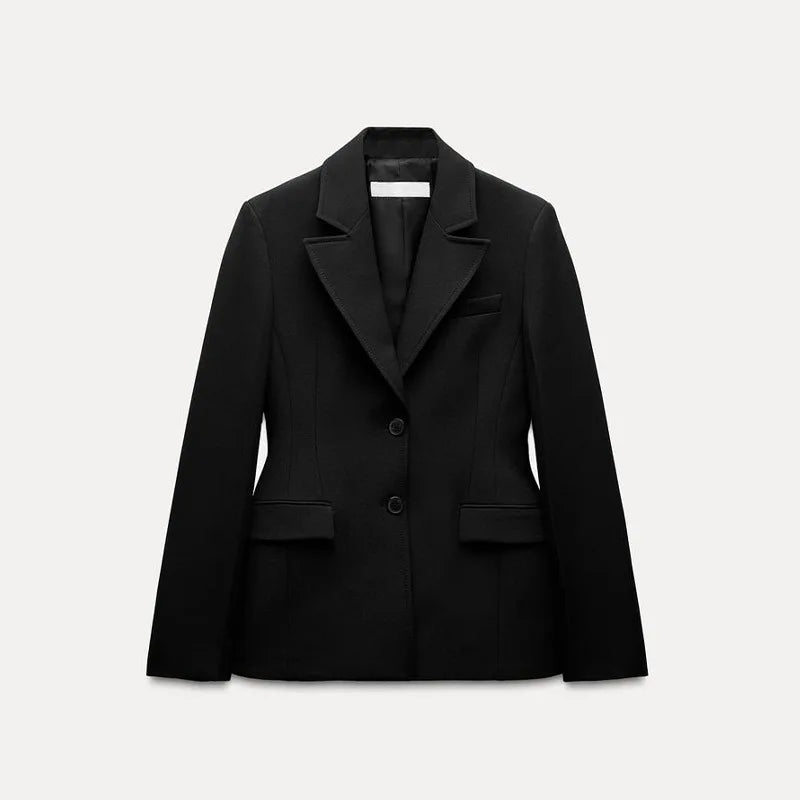 Retro Fashion Black Commute Professional Blazer Coats Deep V Shoulder Pads Suit Coat Jacket Women Waist Cinched Office Outwear
