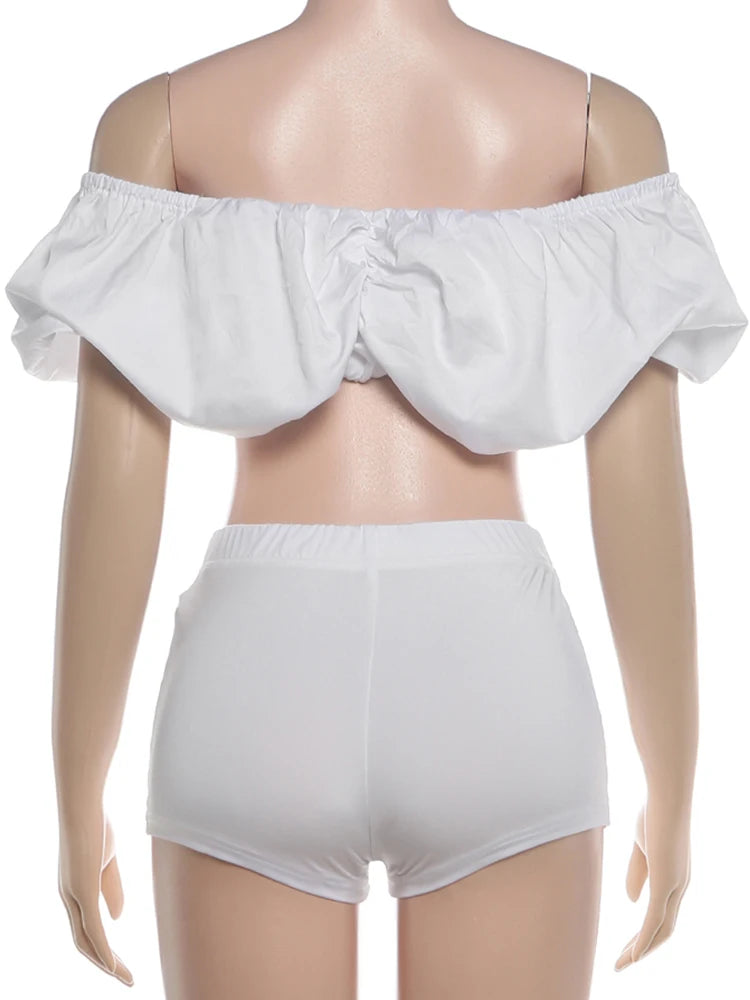Kliou Sexy Fashion 2 Piece Set Woman Slash Neck Backless Puffy Crop Tops+Skinny Wrap Hip Mini Shorts High Street Style Outfits