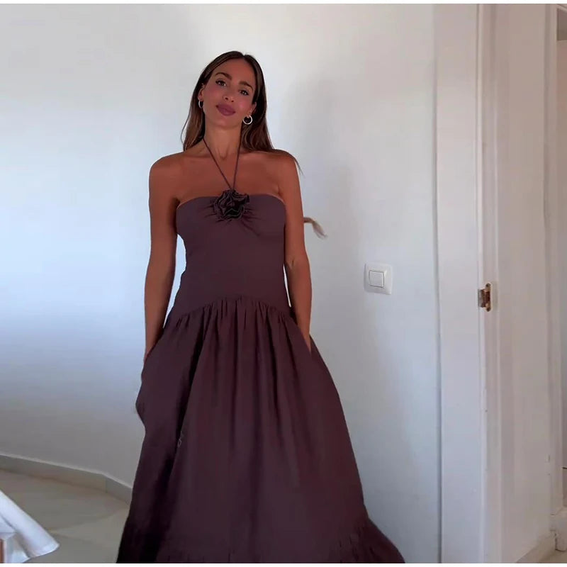 Elegant 3D Flower Long Dress Women Halter Backless Pleated Female Pary Dresses 2024 Fashion Street Sleeveless Solid Lady Robes