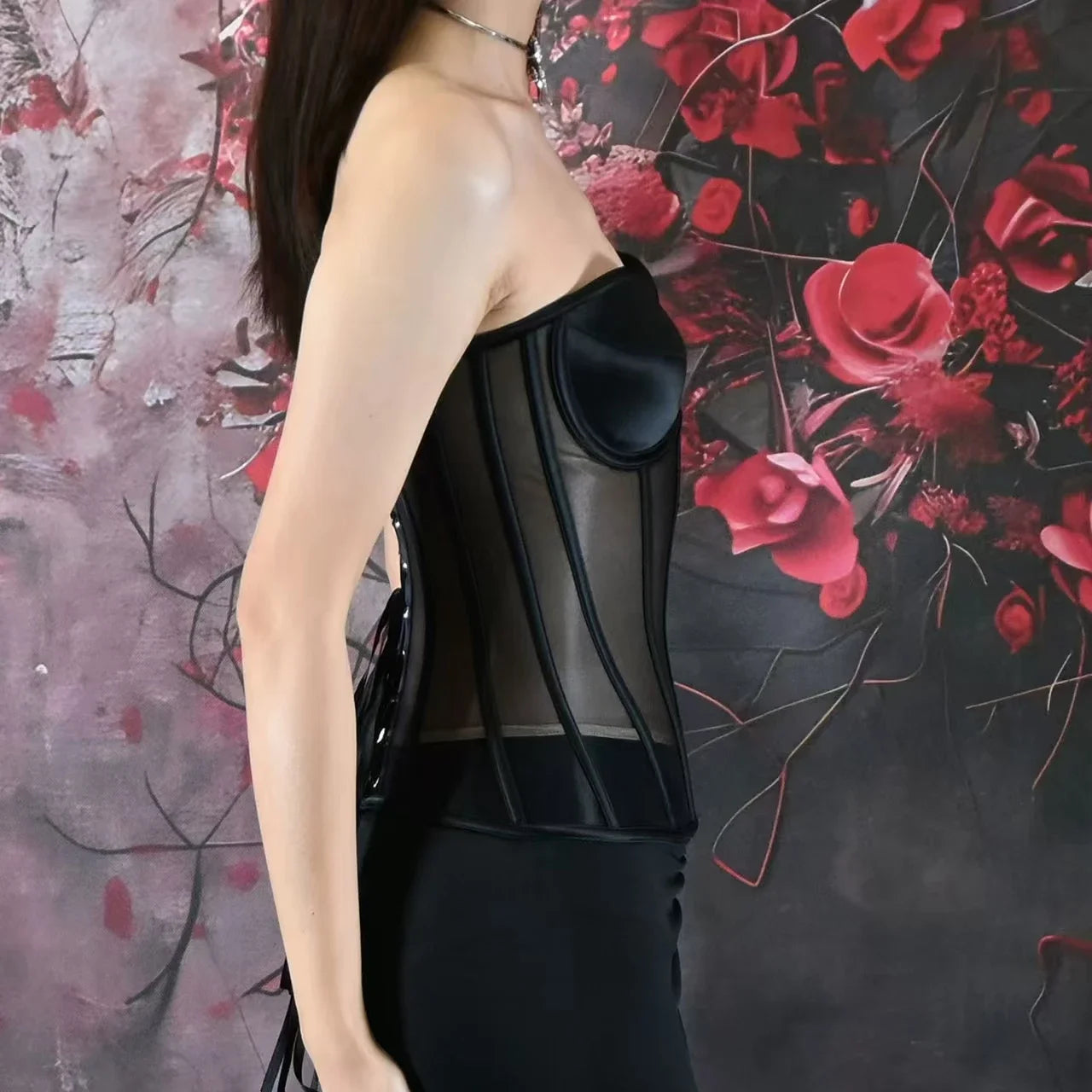 Women Corset Bustier With Bra Transparent Mesh Bodices For Wedding Body Shaper Slimm Waist Lace Up Boned Strapless Tube Tops