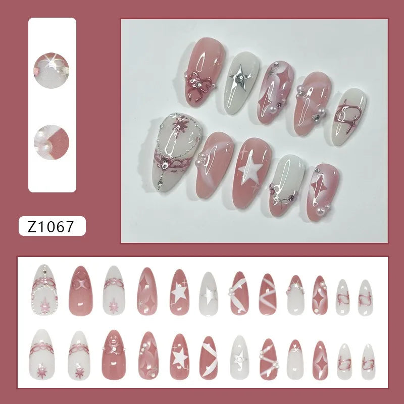 24Pcs Pearl Stars Bowknot Press on Nails French Almond Acrylic False Nails Cute Sweet Pink Fake Nails Cat Eye Glitter Nail Art