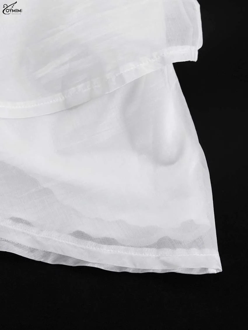 Oymimi Women's White Mini Dress 2026 Spring Deep V-Neck Puff Sleeve Corset Tiered Ruffle Sheer Casual Party Fashion Trendy Wear