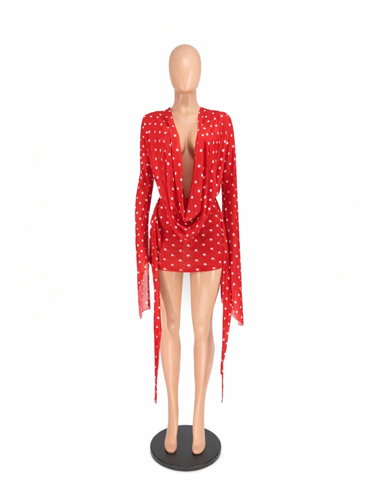Kliou Sexy Polka Dot Print Mini Dress Woman Swing Collar Backless Batwing Sleeve Tassel Hot Girls Club Party Fashion Bodycon