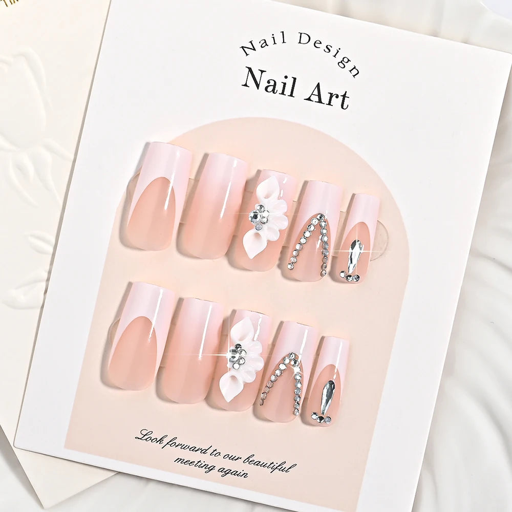 24Pcs Long Coffin French Fake Nails with 3D Butterfly Flower Rhinestones Handmade Press On Nail  Datachable Square False Nailtip