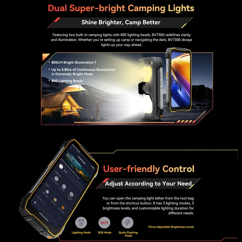 Blackview BV7300 Rugged Phone 18GB(6+12) 256GB Dual Camping Lights Call Phone Helio G81 Octa Core 15000mAh Smartphone Android 14