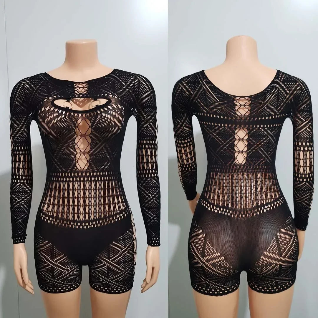 Women's Sexy Long Sleeve Jumpsuit See Through Outfit Sheer Mesh Hollow Out Night Club Short Romper