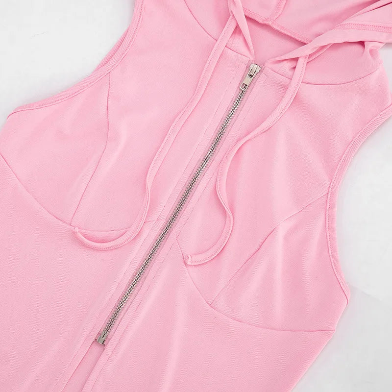 Women Solid Casual 2 Piece Set Tracksuits Zip-up Sleeveless Hooded Tanks Tops + Zippers Bodycon Mini Skirts Streetwear Suits