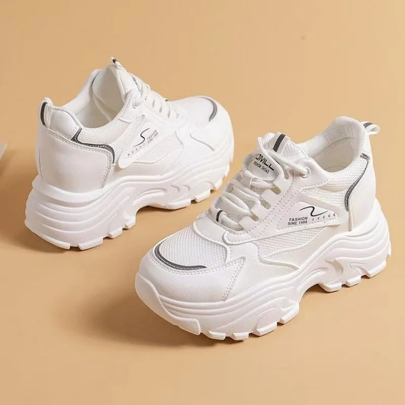 Women's Comfortable Chunky Dad Shoes Mesh Breathable Hidden Height Increasing Platform Sneakers Casual Lace-Up Sport White Shoes