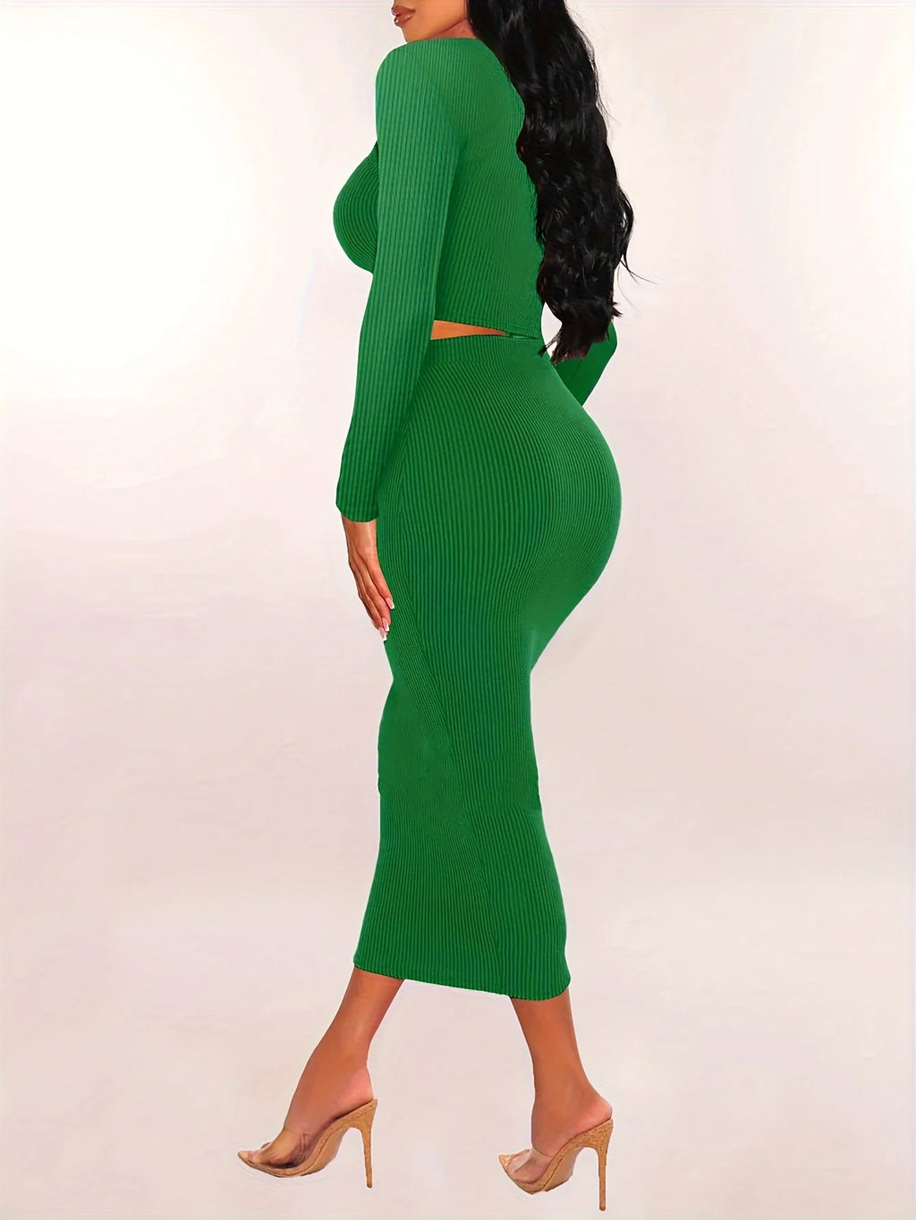 Women Skirts Set Long Sleeve Crop Tops Dress Two Piece Solid Color Skinny Bodycons Outfits Suits Knitted Slim Clothing