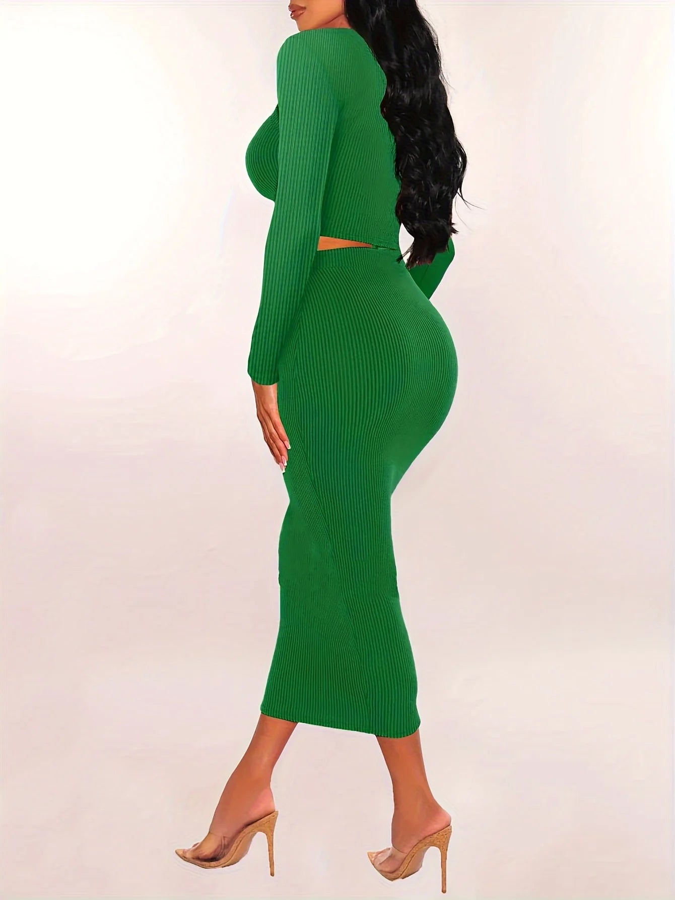 Women Skirts Set Long Sleeve Crop Tops Dress Two Piece Solid Color Skinny Bodycons Outfits Suits Knitted Slim Clothing