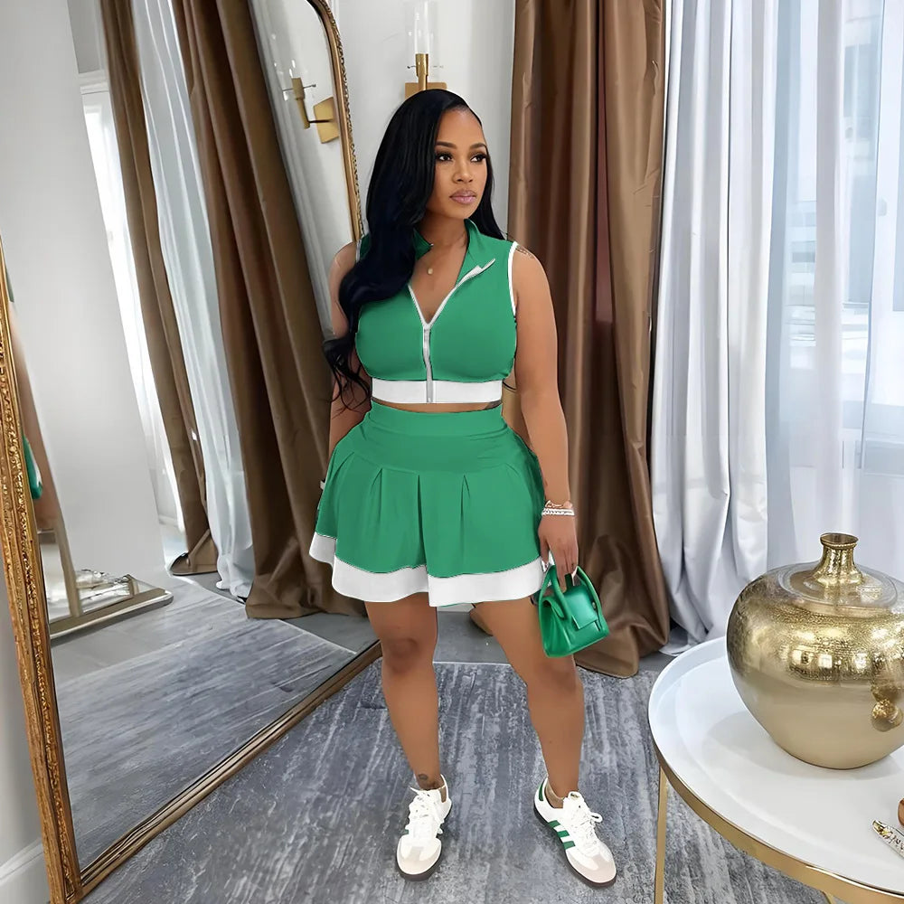 Women Two Piece Sets Shorts Skirt Set Zipper Sleeveless Sexy Tops Short Skirts A Line High Waist Y2k Streetwear Elegant Work