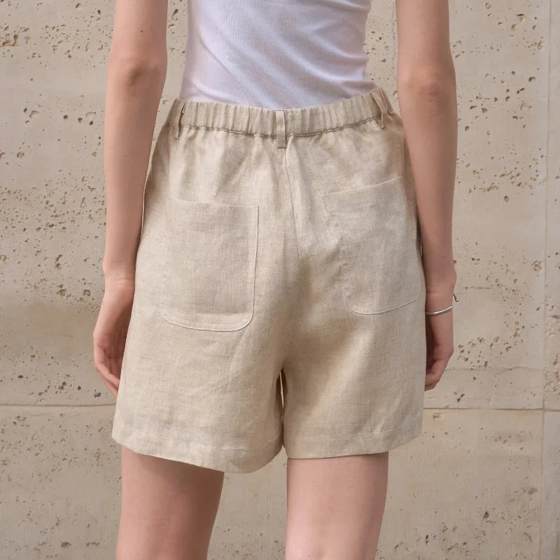 Retro 100% Linen Short Pants Women High Wasit Casual Harajuku Fashion Streetwear White Color Summer Office Lady Female Shorts