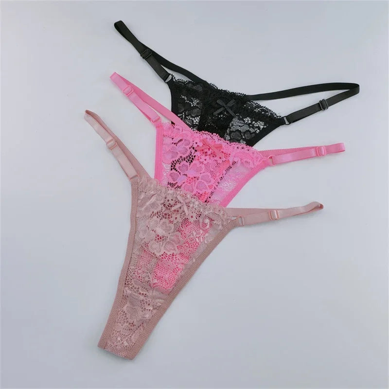 Solid Floral Lace Sexy Panties Ladies Low Waist Bow T-back Thong Adjustable Thin Belt Underwear Hollow See-through Lingerie 3PCS