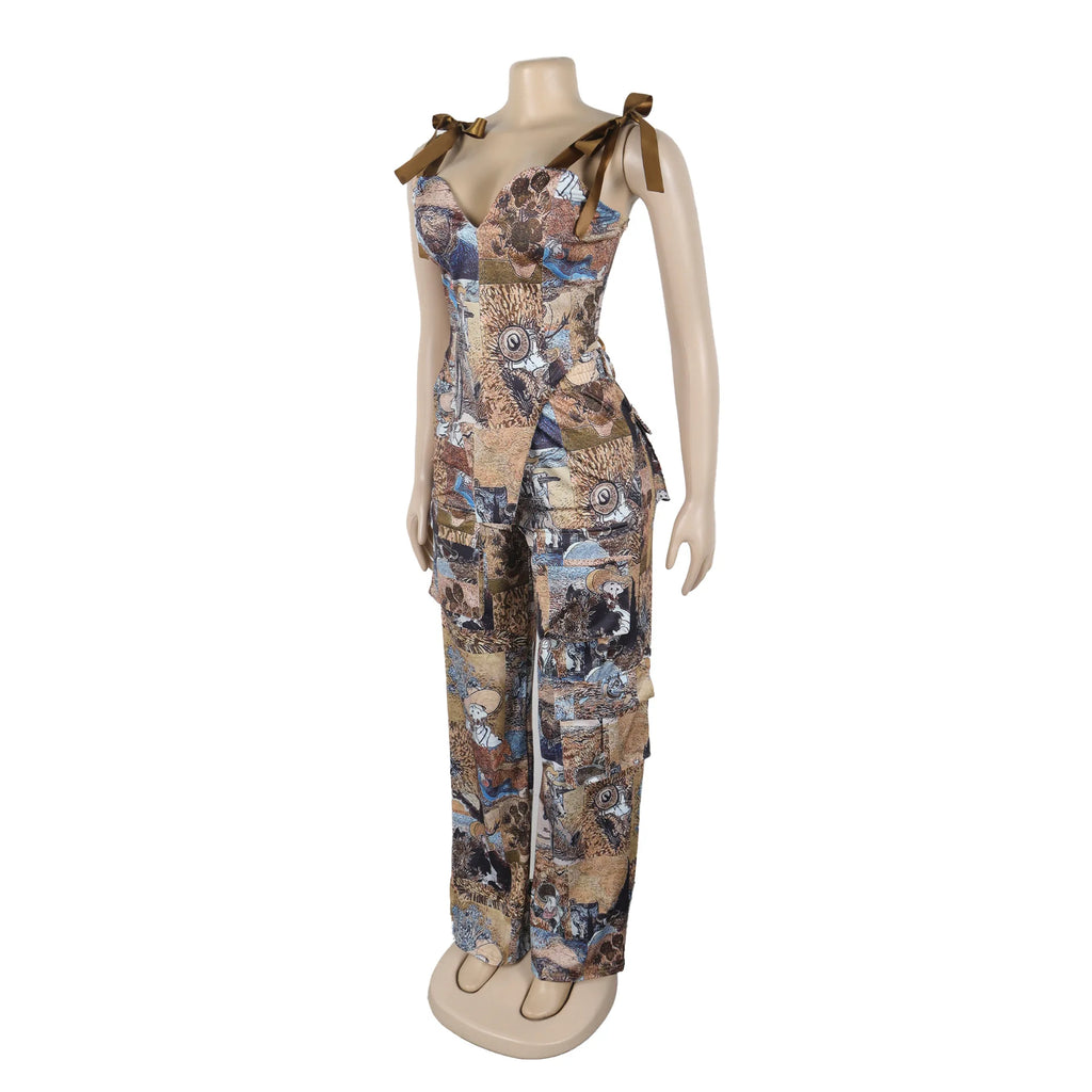 Two Pieces Women Pant Sets Print Matching Set Drawstring Pockets Sleeveless Top Elastic Waist Pants Slim Fit Casual 2026 Spring
