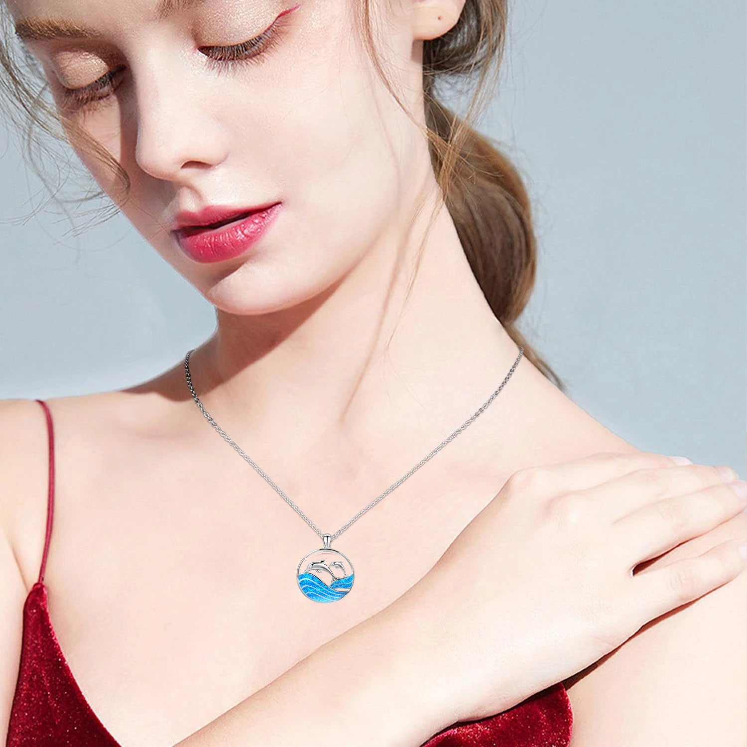 Boho Cute Sea Dolphin Pendant Necklace for Girl Statement Women Accessories Fashion Imitation Blue Opal Necklace Jewelry Gifts