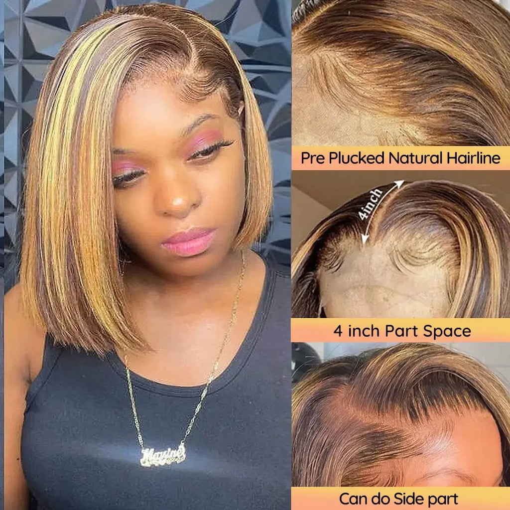 Straight Highlight Ombre Bob Wigs Human Hair 4/27 Honey Brown 13x4 Transparent Lace Front Human Hair Brazilian Wig Density200%